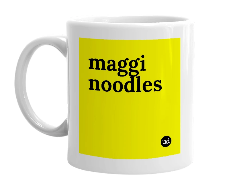 White mug with 'maggi noodles' in bold black letters