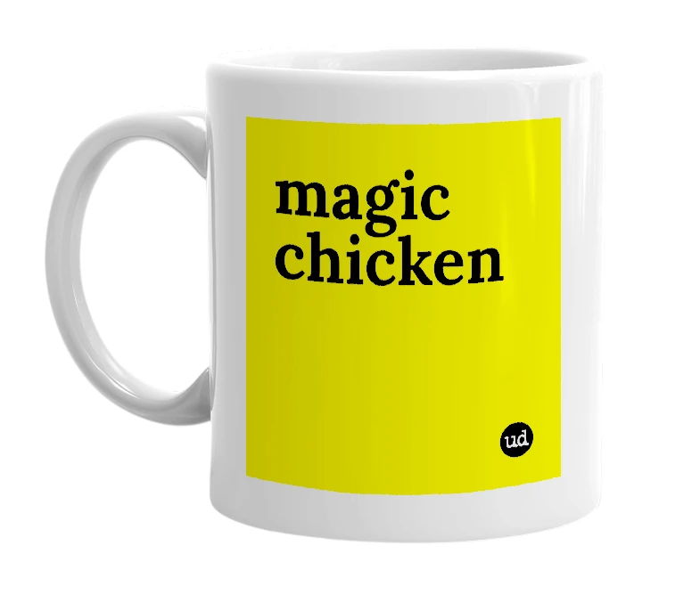 White mug with 'magic chicken' in bold black letters