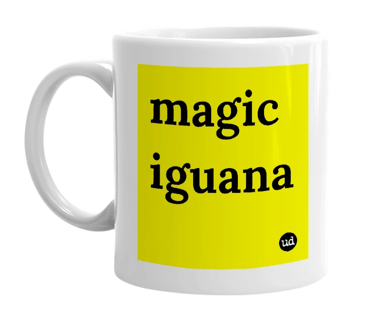 White mug with 'magic iguana' in bold black letters