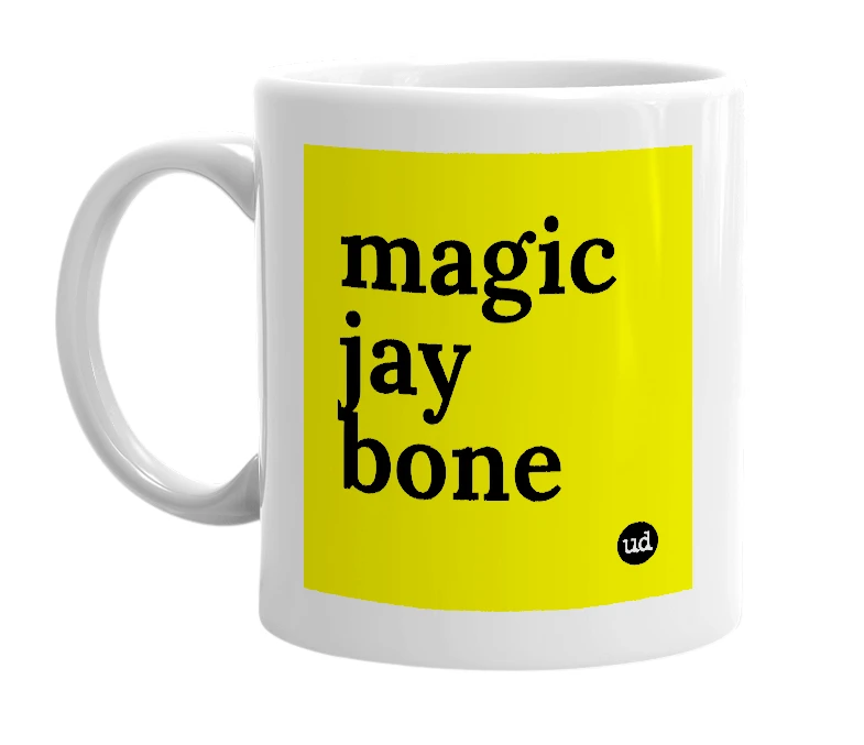 White mug with 'magic jay bone' in bold black letters