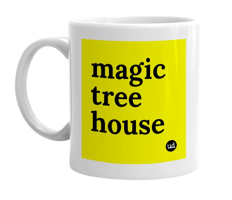 White mug with 'magic tree house' in bold black letters