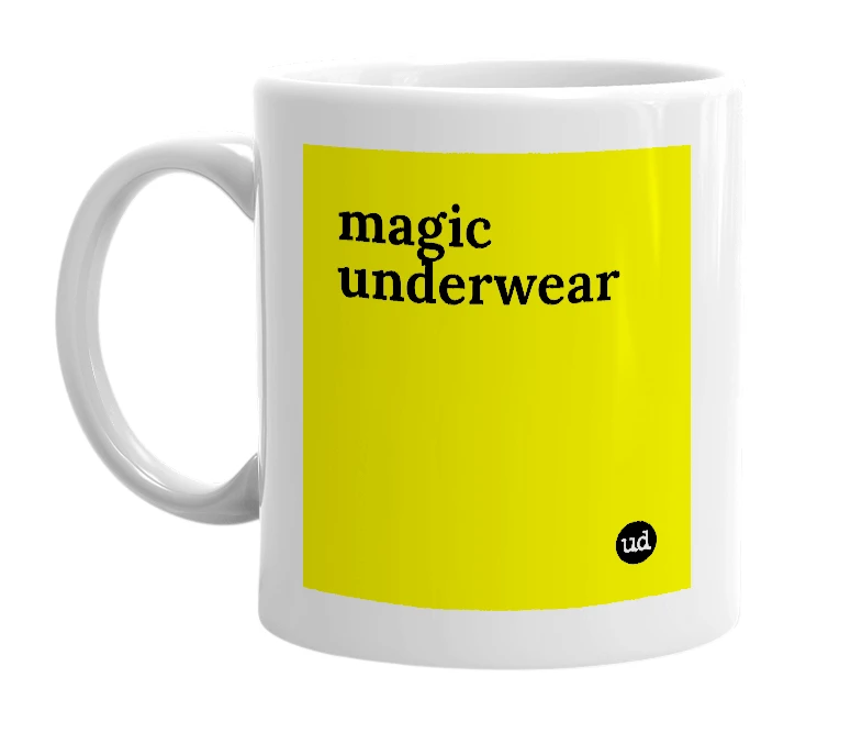 White mug with 'magic underwear' in bold black letters