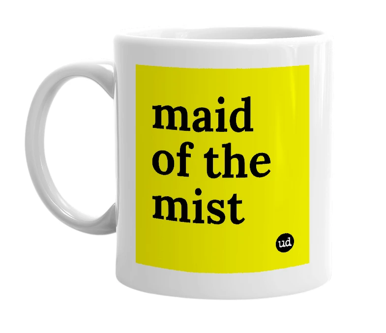 White mug with 'maid of the mist' in bold black letters