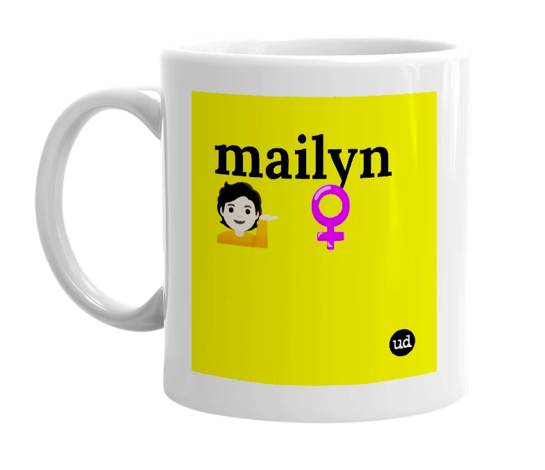 White mug with 'mailyn💁🏻 ♀️' in bold black letters