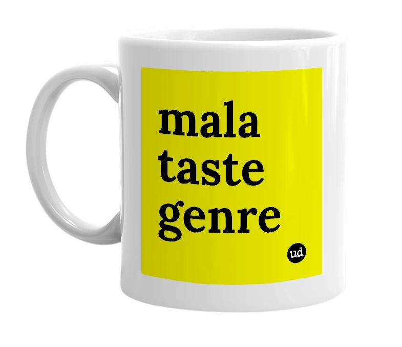 White mug with 'mala taste genre' in bold black letters