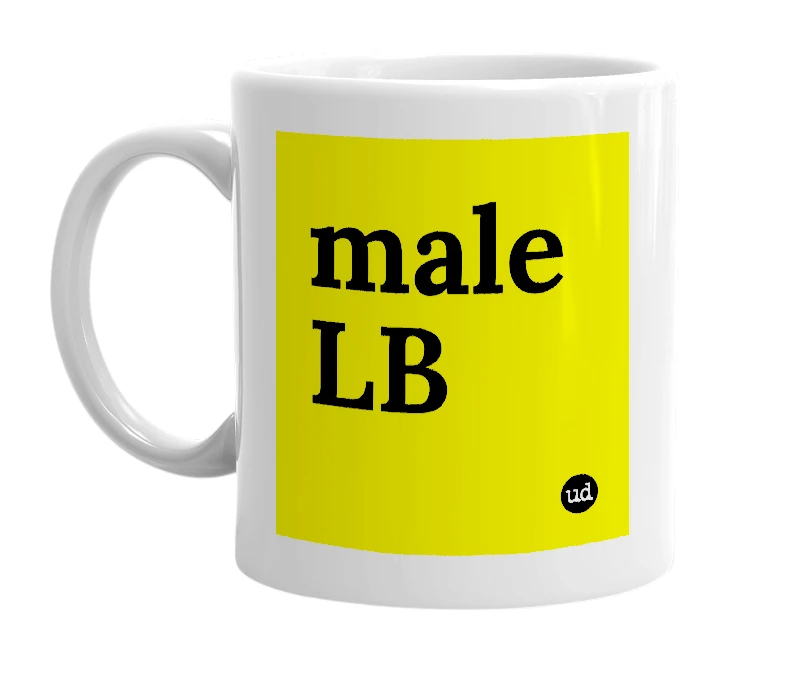 White mug with 'male LB' in bold black letters