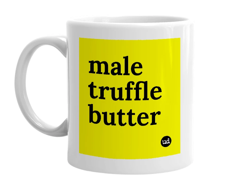White mug with 'male truffle butter' in bold black letters