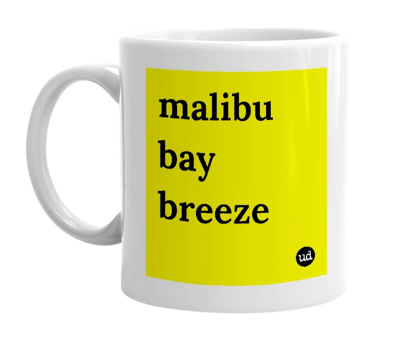 White mug with 'malibu bay breeze' in bold black letters