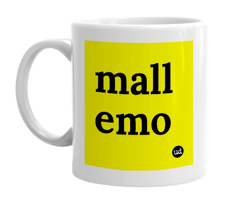 White mug with 'mall emo' in bold black letters