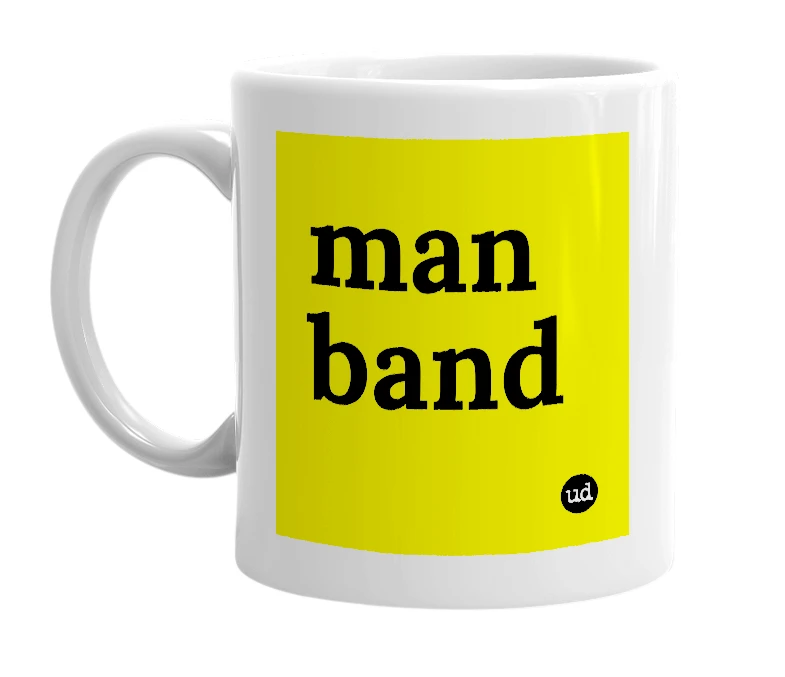 White mug with 'man band' in bold black letters