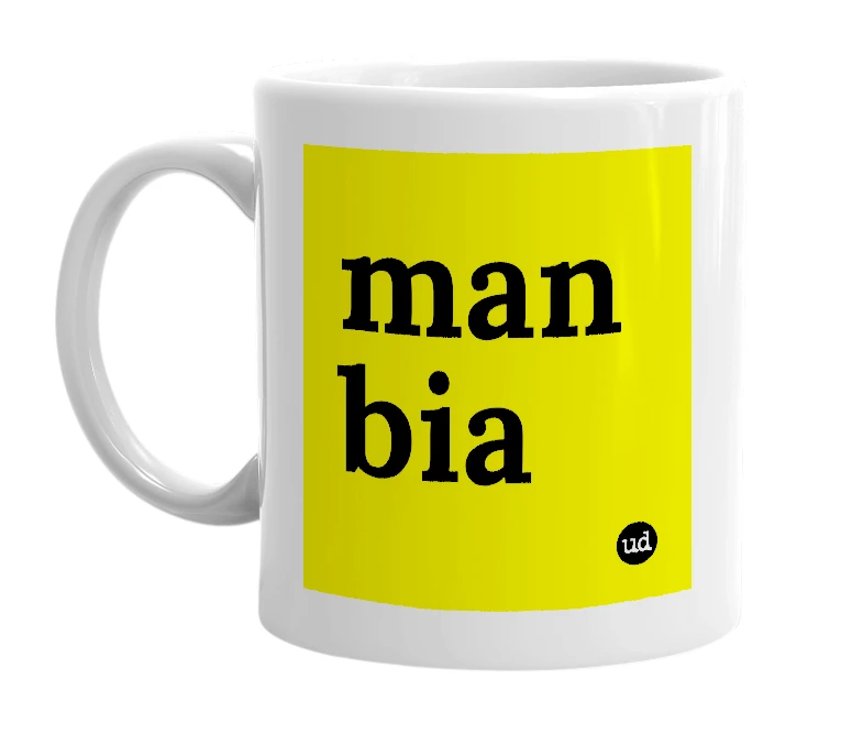 White mug with 'man bia' in bold black letters