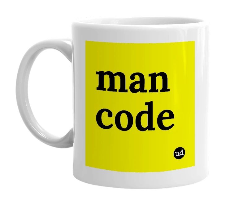 White mug with 'man code' in bold black letters