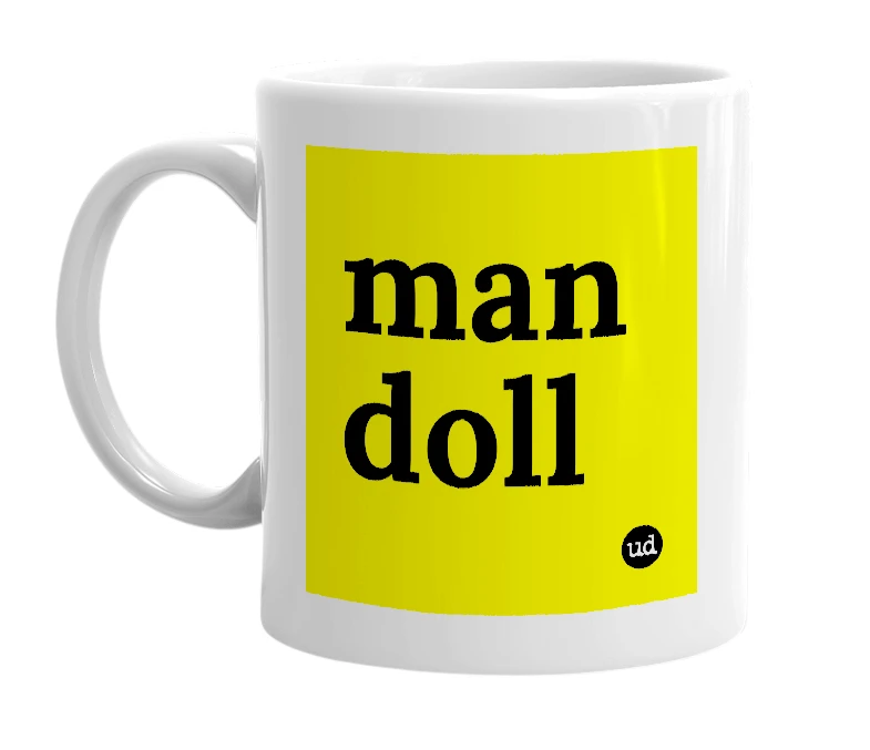 White mug with 'man doll' in bold black letters