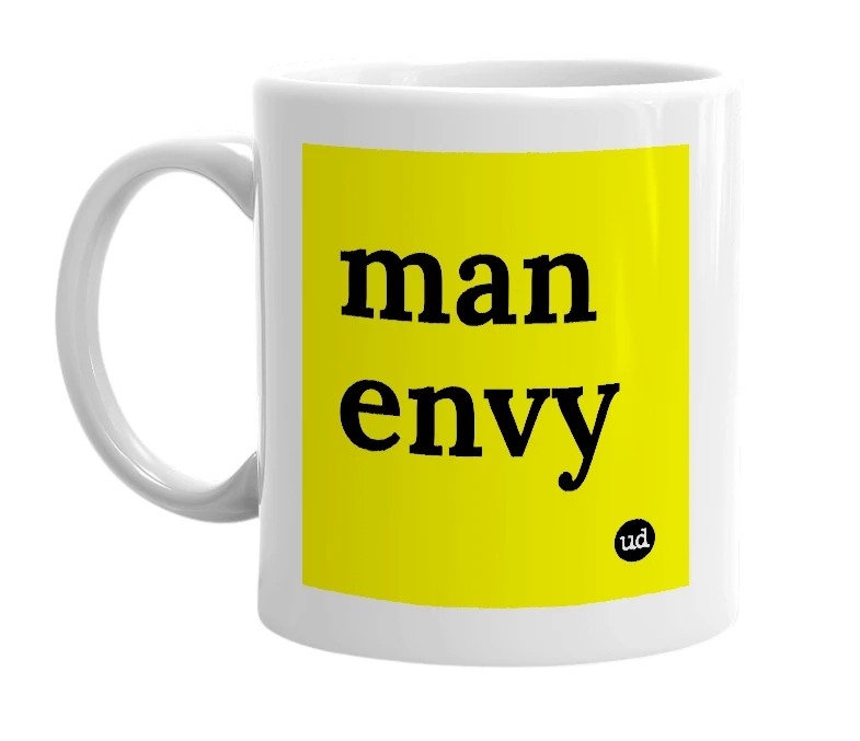 White mug with 'man envy' in bold black letters