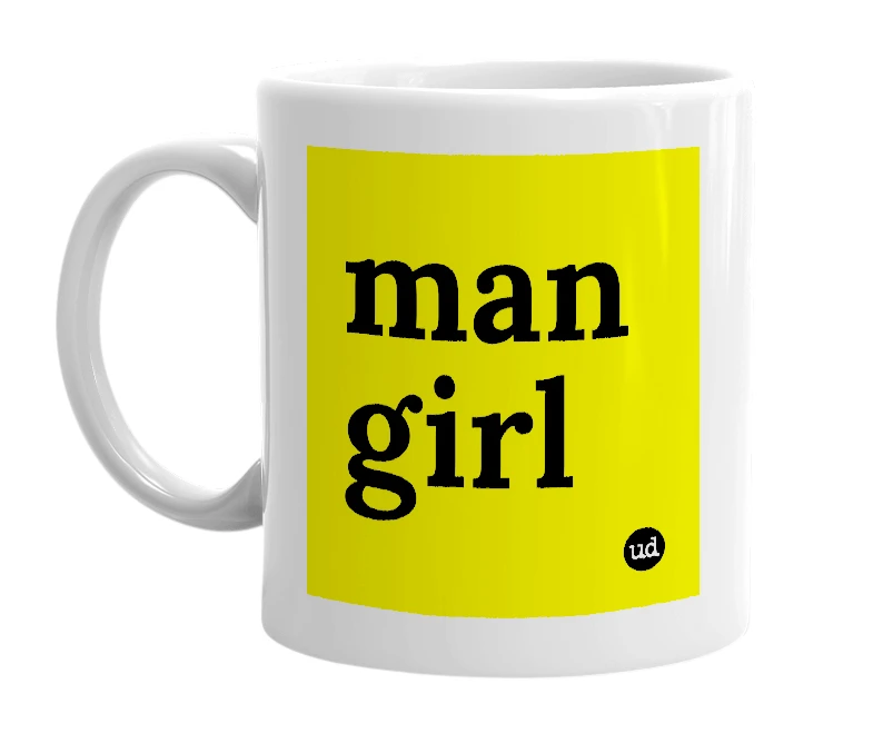 White mug with 'man girl' in bold black letters