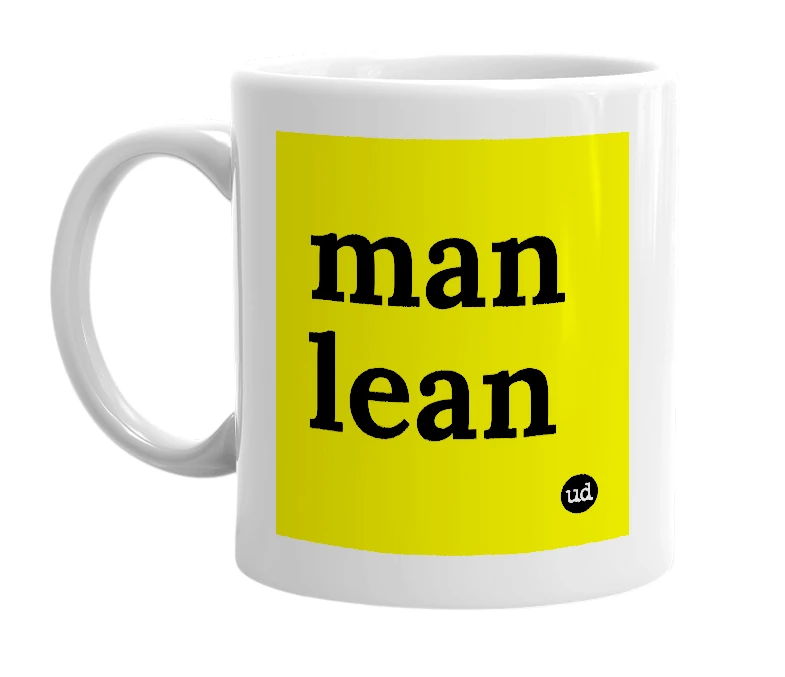 White mug with 'man lean' in bold black letters