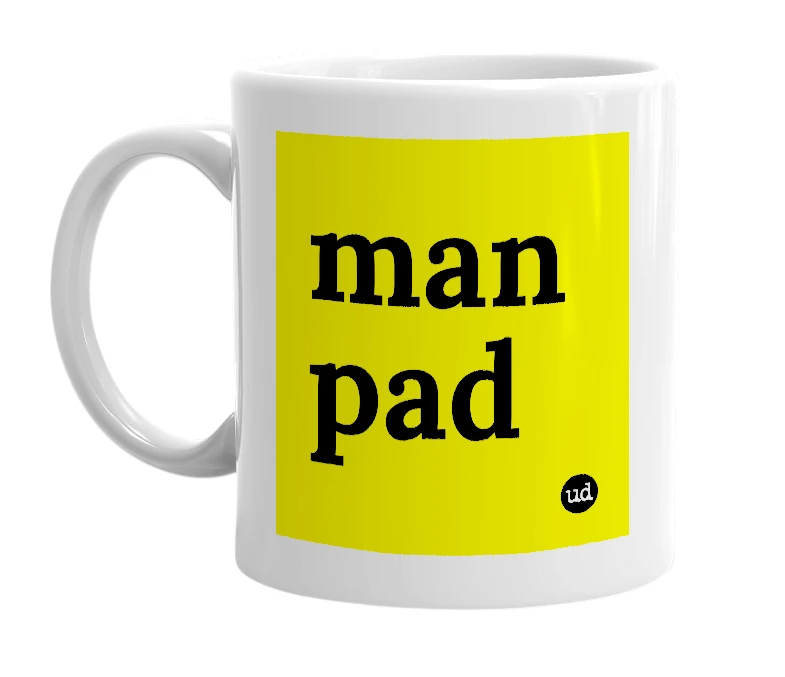 White mug with 'man pad' in bold black letters