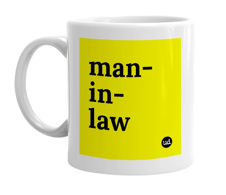 White mug with 'man-in-law' in bold black letters