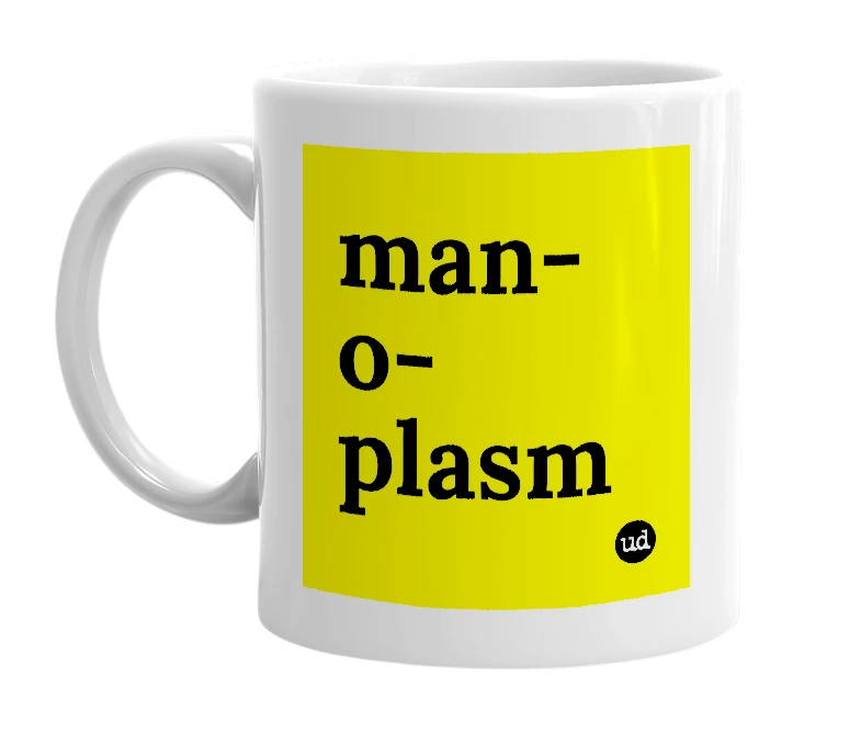 White mug with 'man-o-plasm' in bold black letters