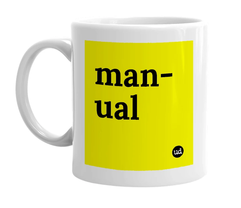 White mug with 'man-ual' in bold black letters