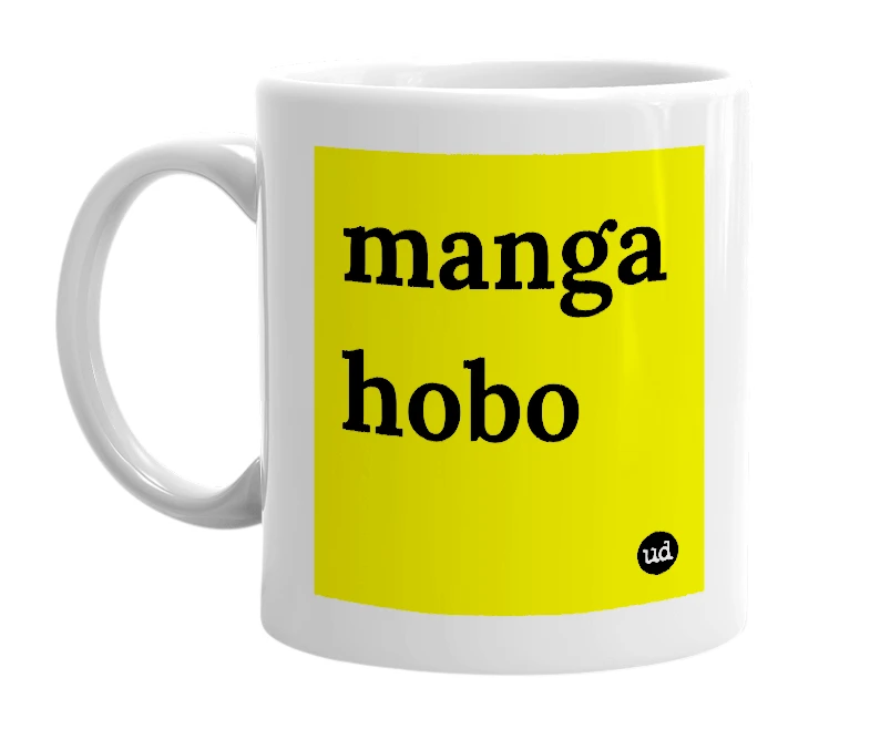 White mug with 'manga hobo' in bold black letters