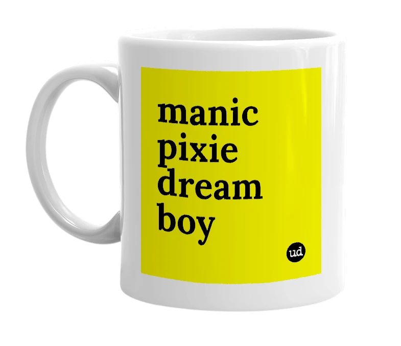 White mug with 'manic pixie dream boy' in bold black letters
