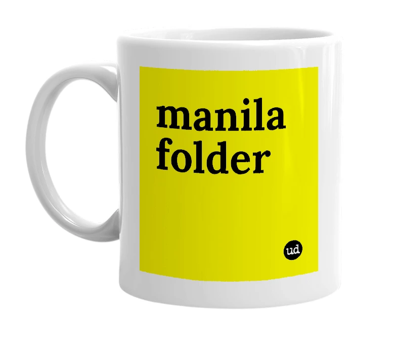 White mug with 'manila folder' in bold black letters