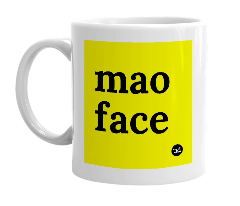 White mug with 'mao face' in bold black letters