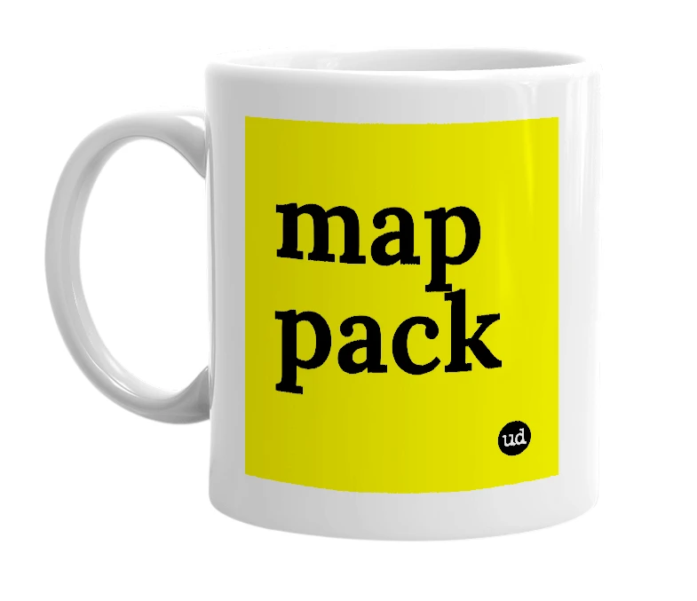 White mug with 'map pack' in bold black letters