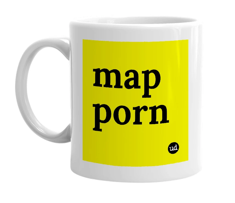 White mug with 'map porn' in bold black letters