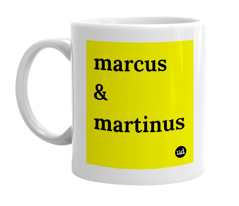 White mug with 'marcus & martinus' in bold black letters