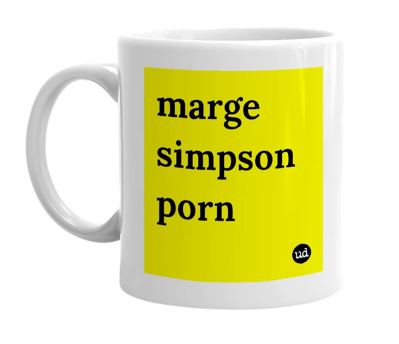 White mug with 'marge simpson porn' in bold black letters