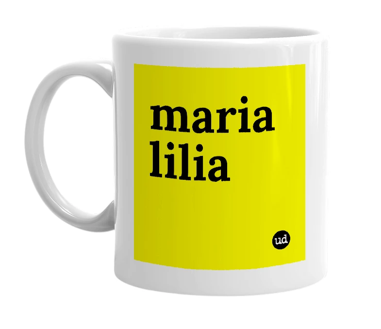 White mug with 'maria lilia' in bold black letters