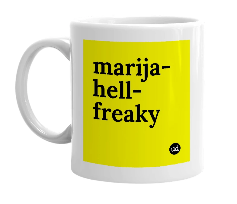 White mug with 'marija-hell-freaky' in bold black letters