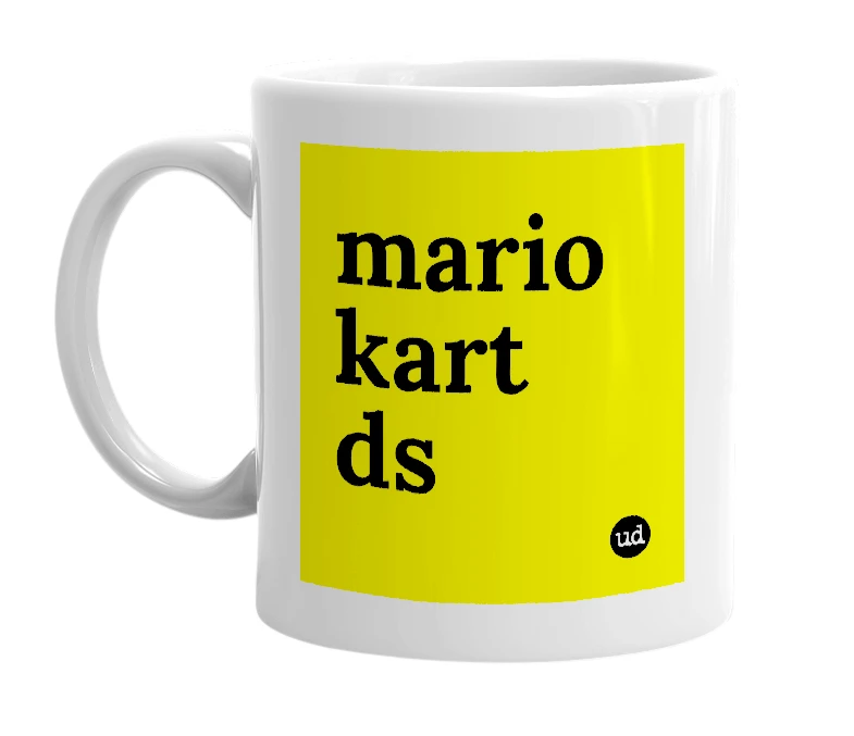 White mug with 'mario kart ds' in bold black letters