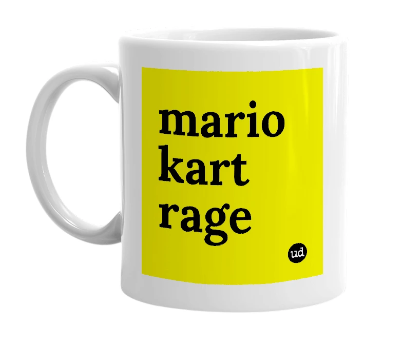White mug with 'mario kart rage' in bold black letters