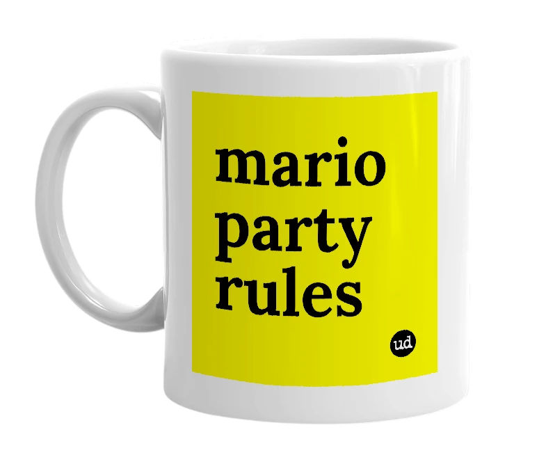 White mug with 'mario party rules' in bold black letters