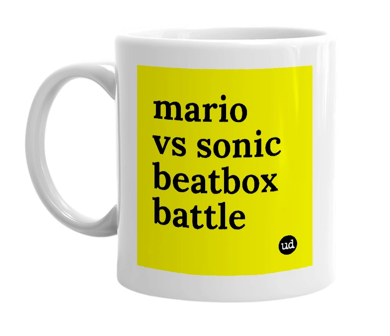 White mug with 'mario vs sonic beatbox battle' in bold black letters