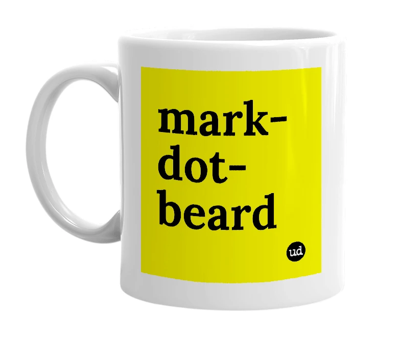 White mug with 'mark-dot-beard' in bold black letters