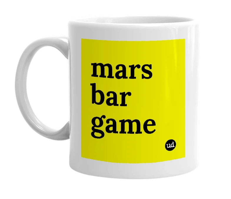 White mug with 'mars bar game' in bold black letters