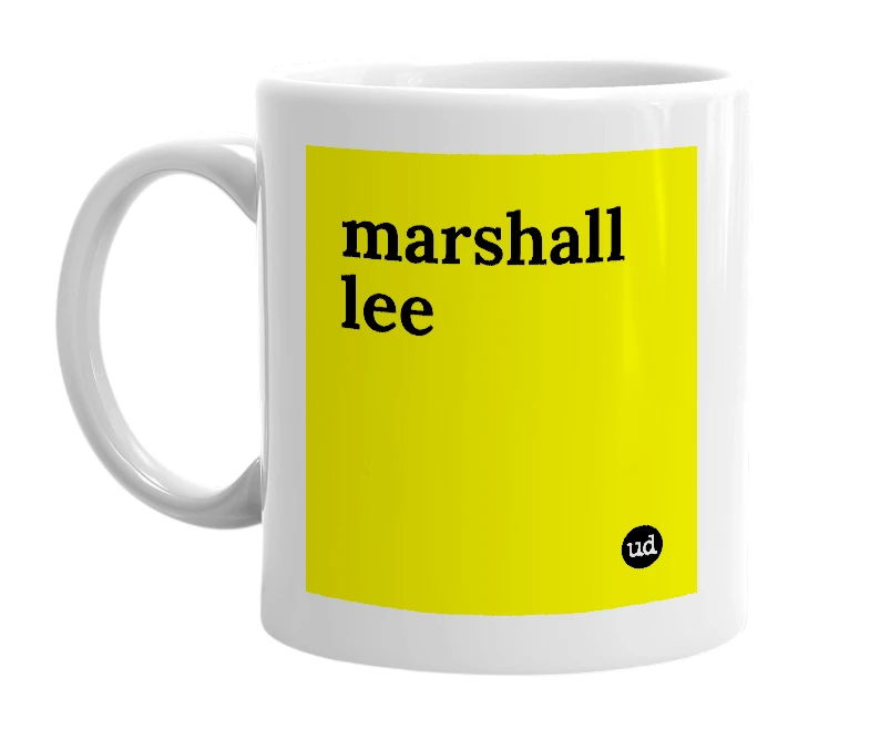 White mug with 'marshall lee' in bold black letters