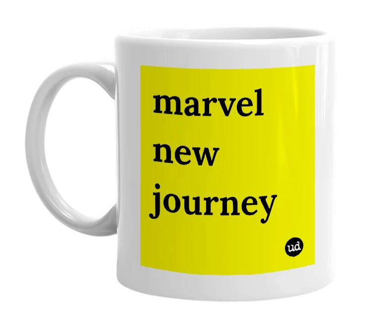 White mug with 'marvel new journey' in bold black letters