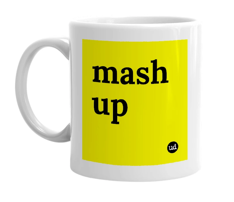 White mug with 'mash up' in bold black letters