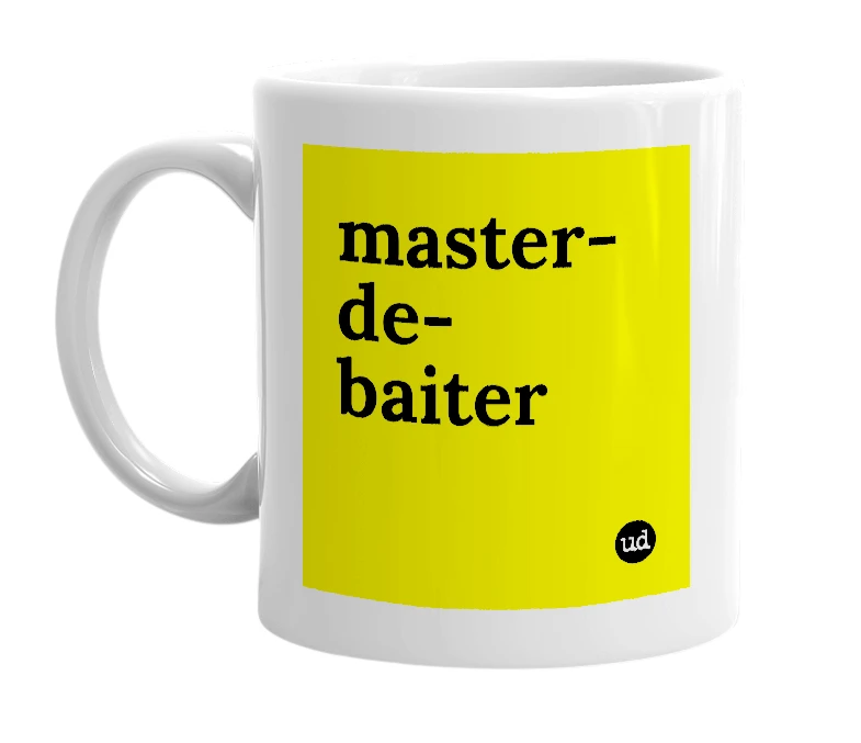 White mug with 'master-de-baiter' in bold black letters