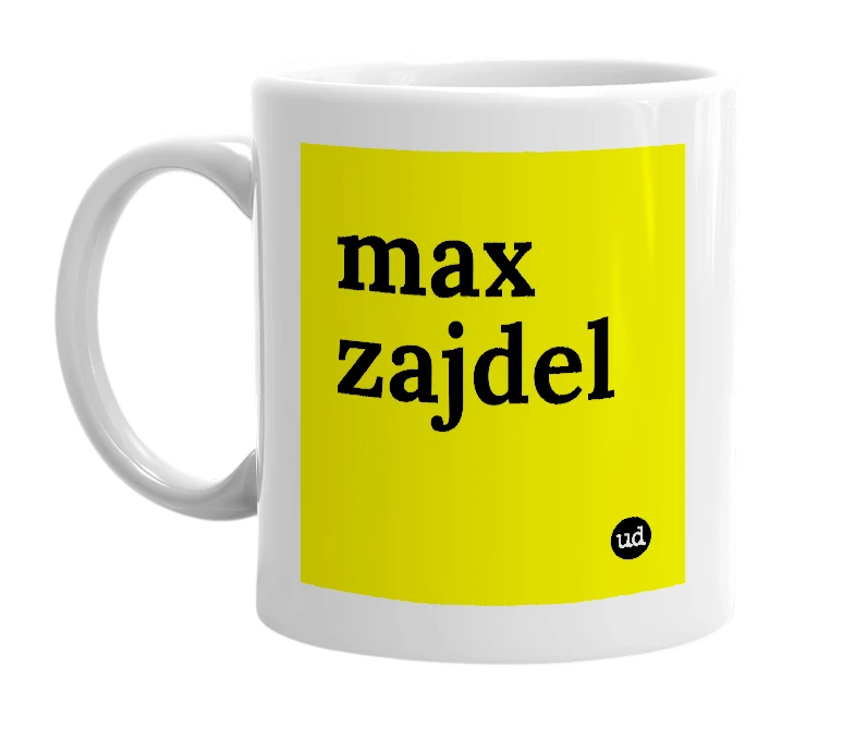 White mug with 'max zajdel' in bold black letters
