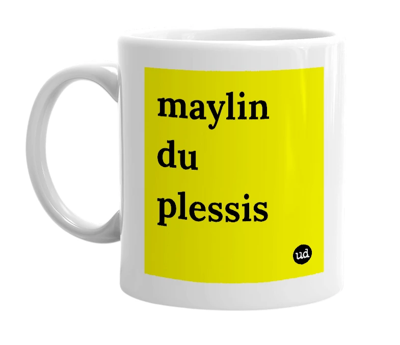 White mug with 'maylin du plessis' in bold black letters