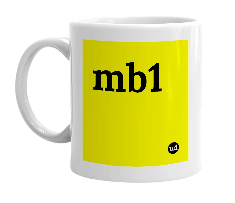 White mug with 'mb1' in bold black letters