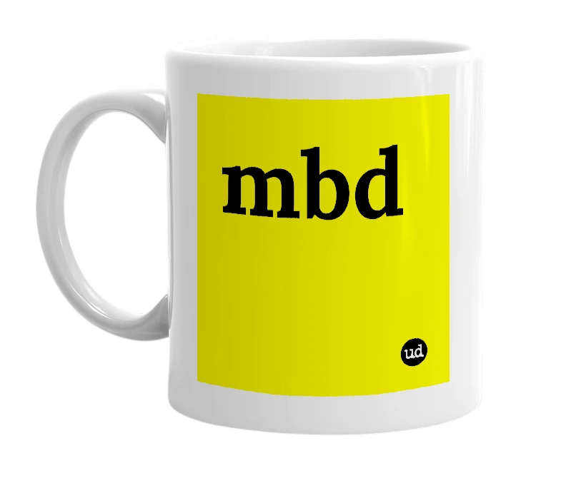 White mug with 'mbd' in bold black letters