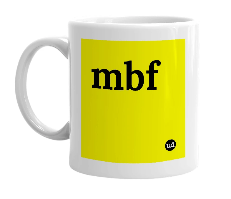 White mug with 'mbf' in bold black letters