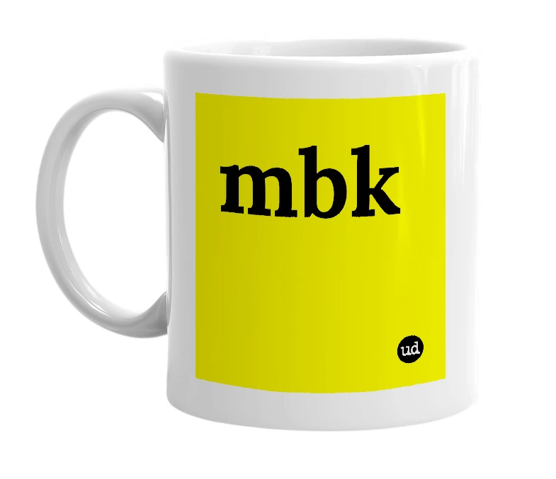 White mug with 'mbk' in bold black letters